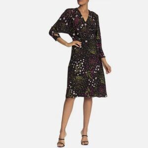 Joie Acantha Caviar Black Pink Floral 3/4 Sleeve V-Neck Wrap Dress NWT